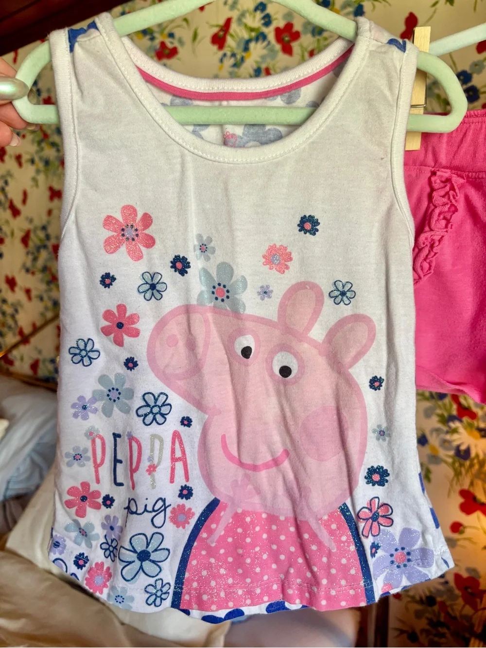 peppa pig girls 3t pink floral tank top & ruffle shorts outfit set
